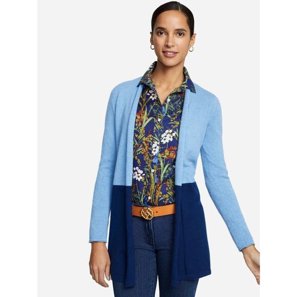 J. McLaughlin Sherrin Cashmere Blue Color Block Open Front Drape Cardigan Small - Picture 1 of 7